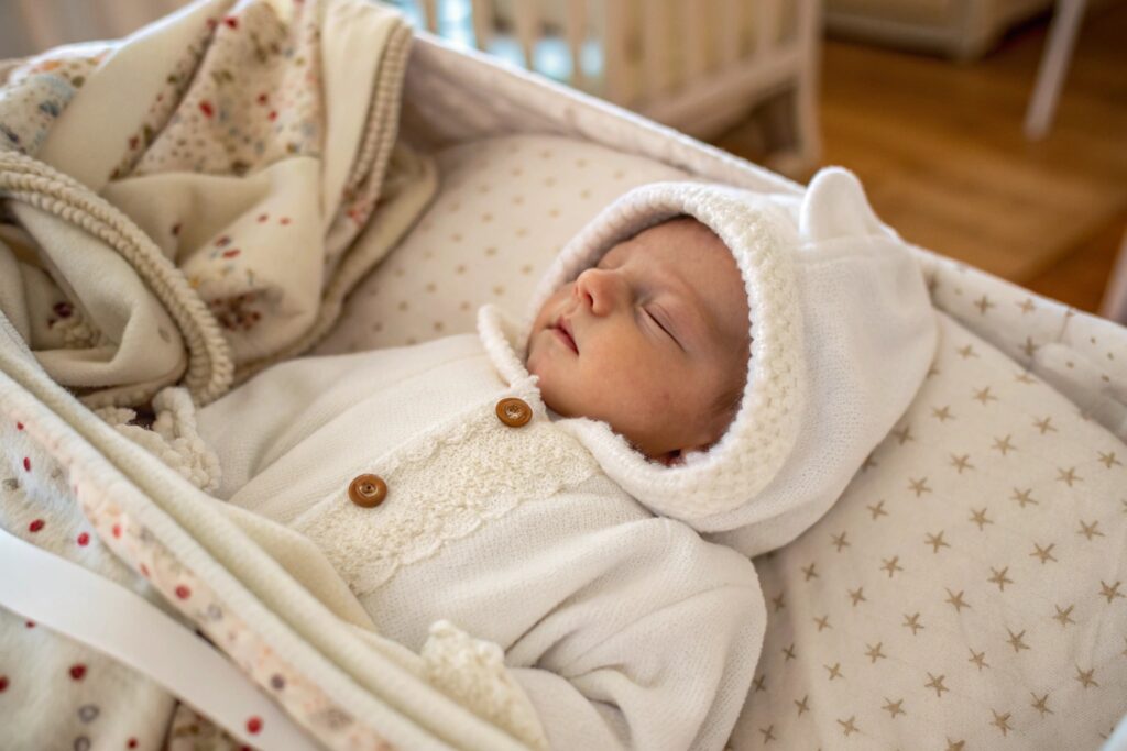 Baby Sleeping in Cozy White Babywear