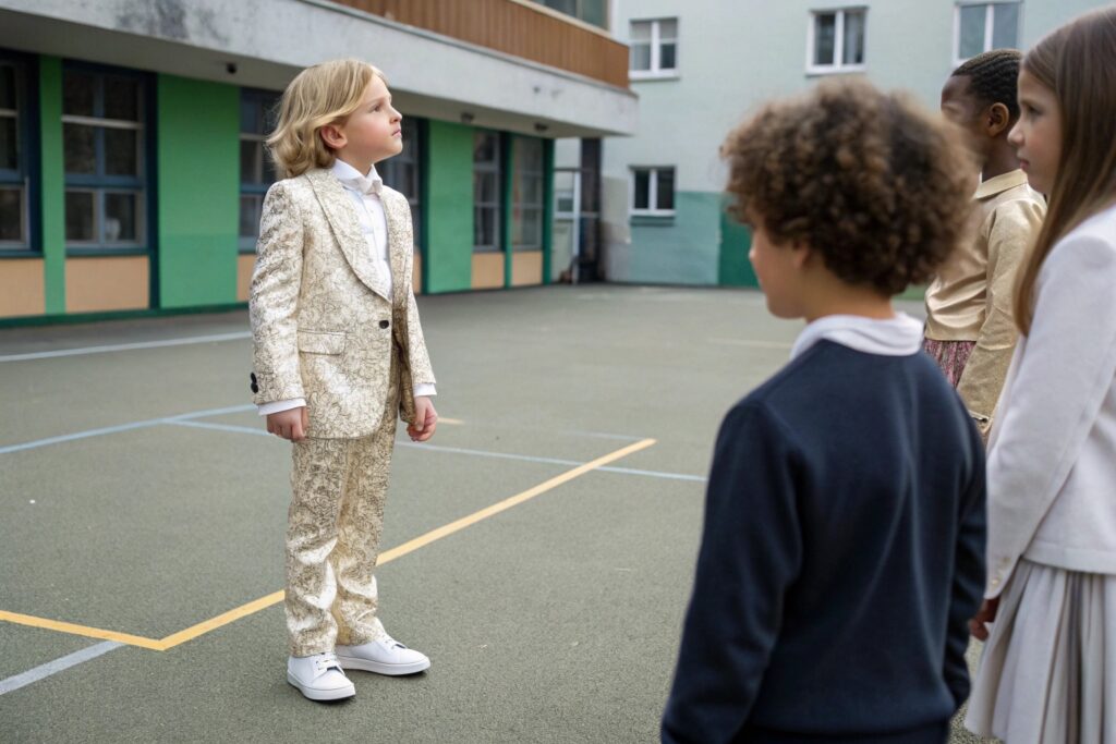 Child in luxury designer clothes