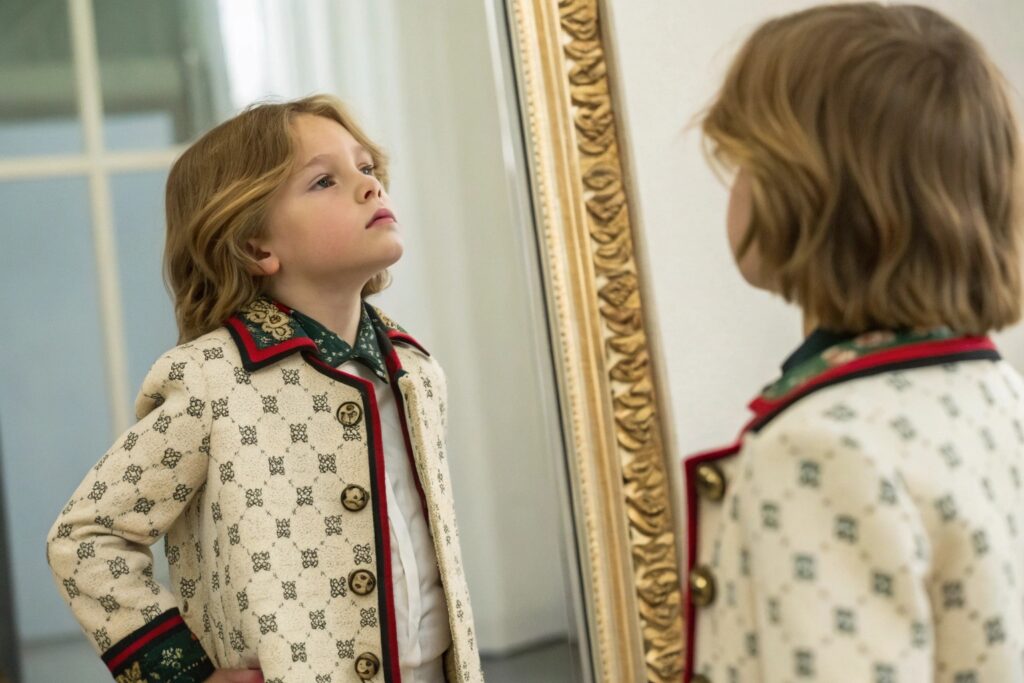 Child looking at themselves in a mirror wearing designer clothes