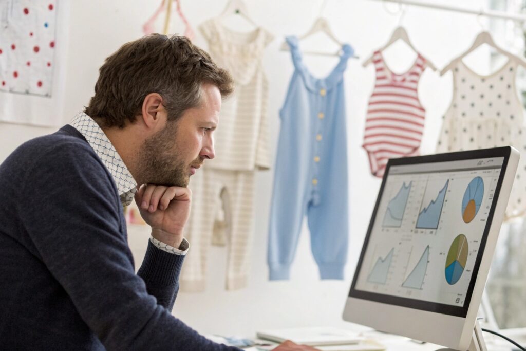 Clothing designer analyzing product data