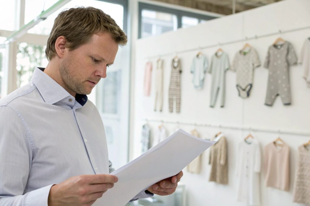 Compliance officer reviewing production documents for babywear designs