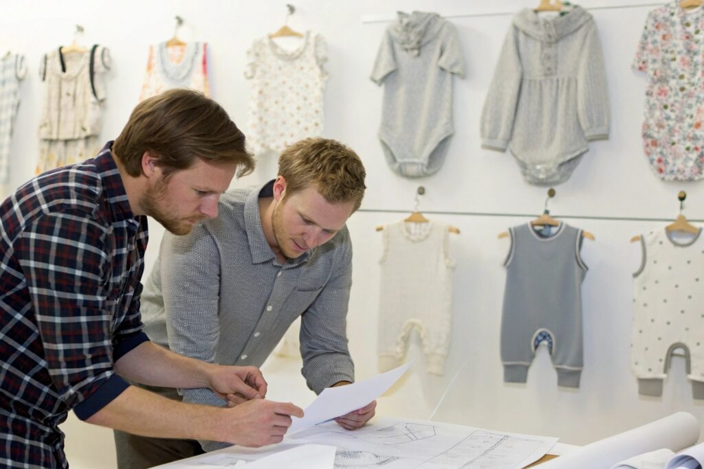 A design team refining babywear designs with blueprints