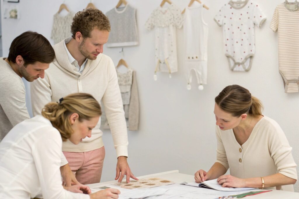 Design team reviewing initial babywear sketches for production