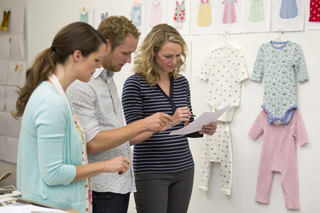 A design team working on creating babywear designs