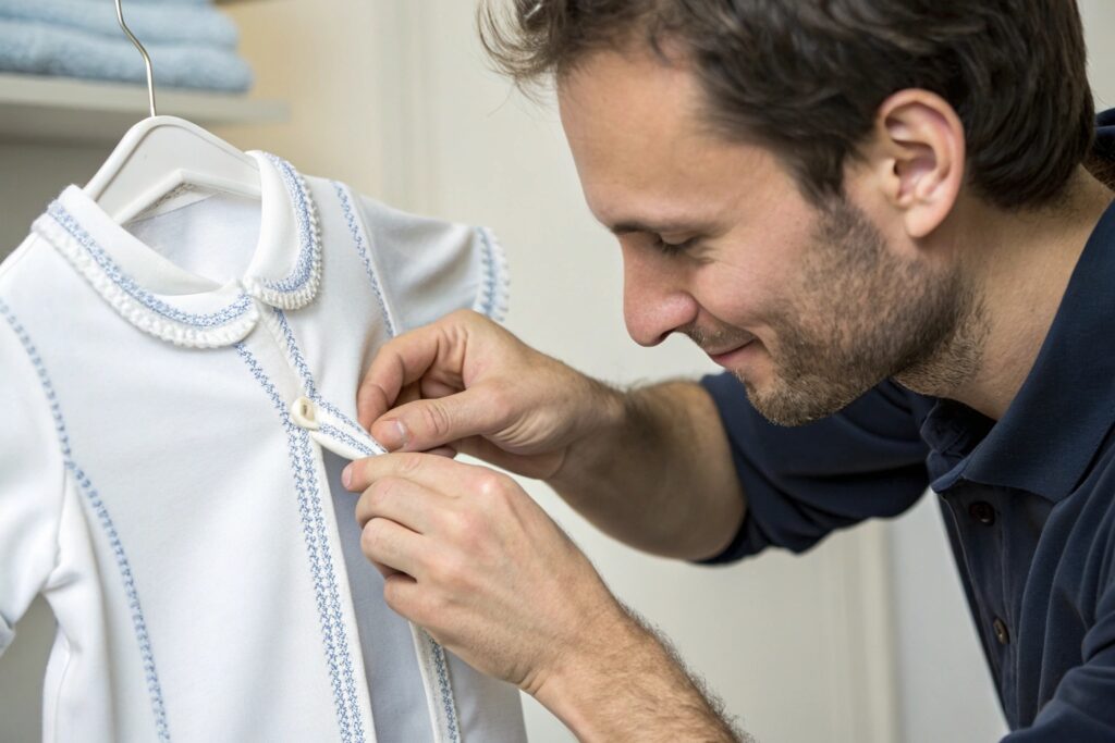 Designer closely inspecting the details of a baby romper