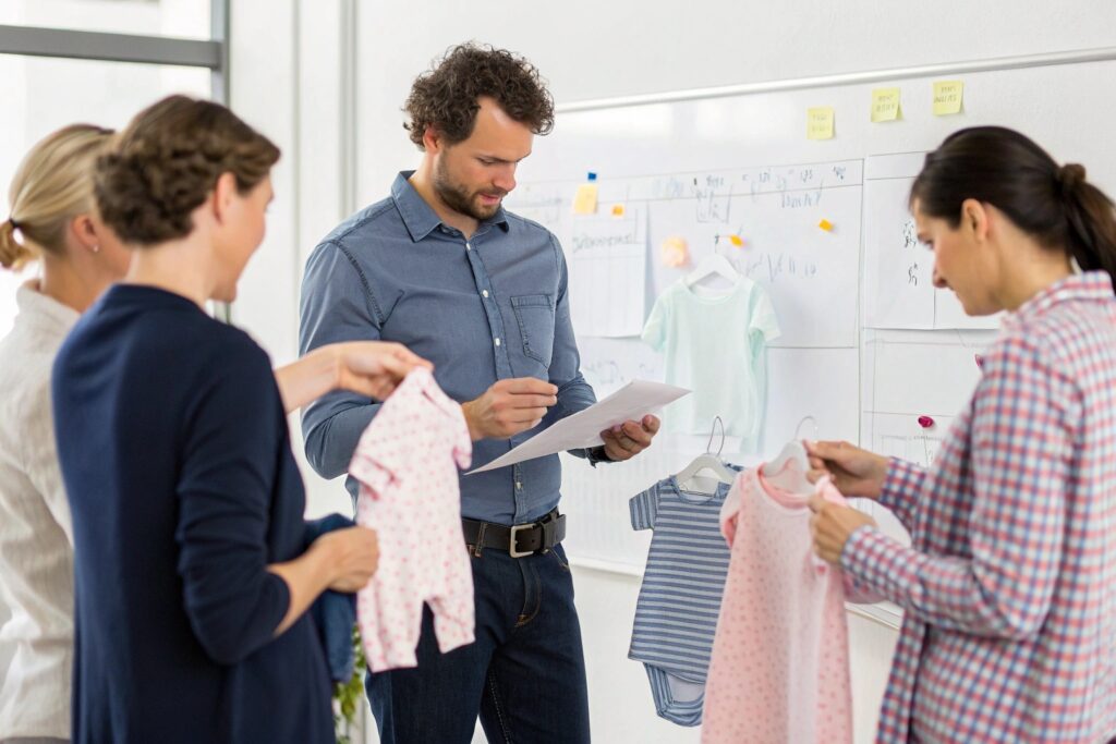 Designer reviewing babywear clothing with team