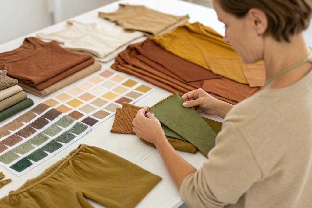 Designer reviewing a collection of fabrics and color swatches