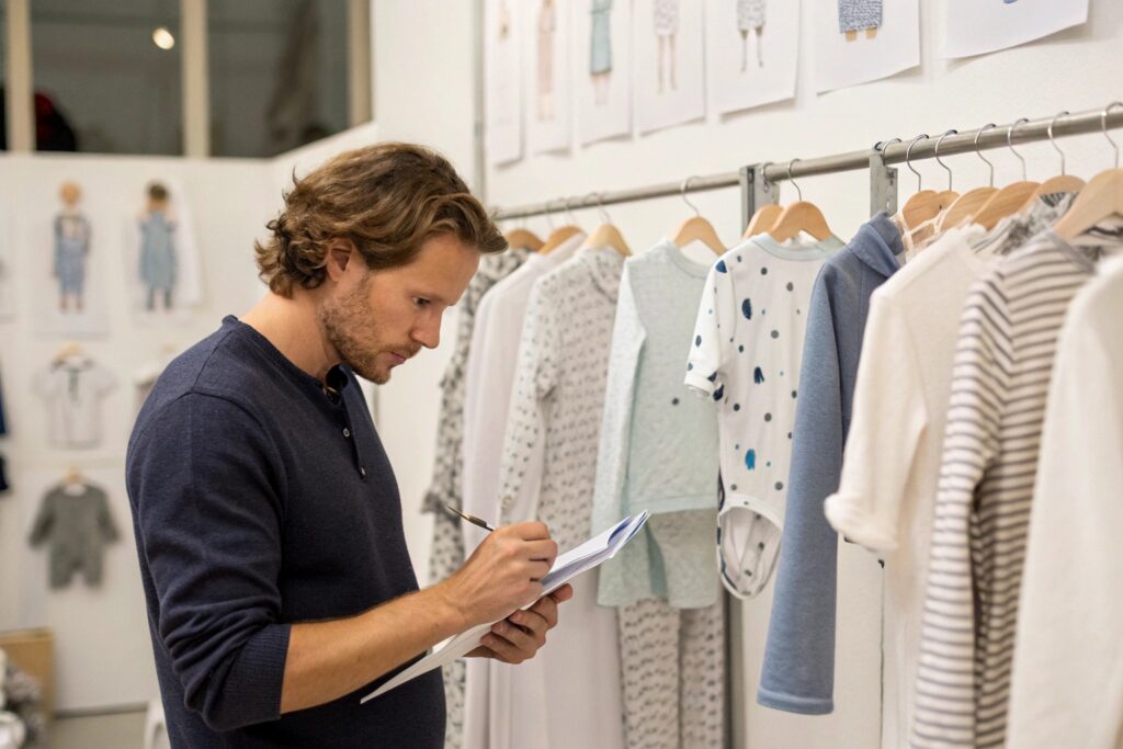 Designer reviewing a collection of children's clothing