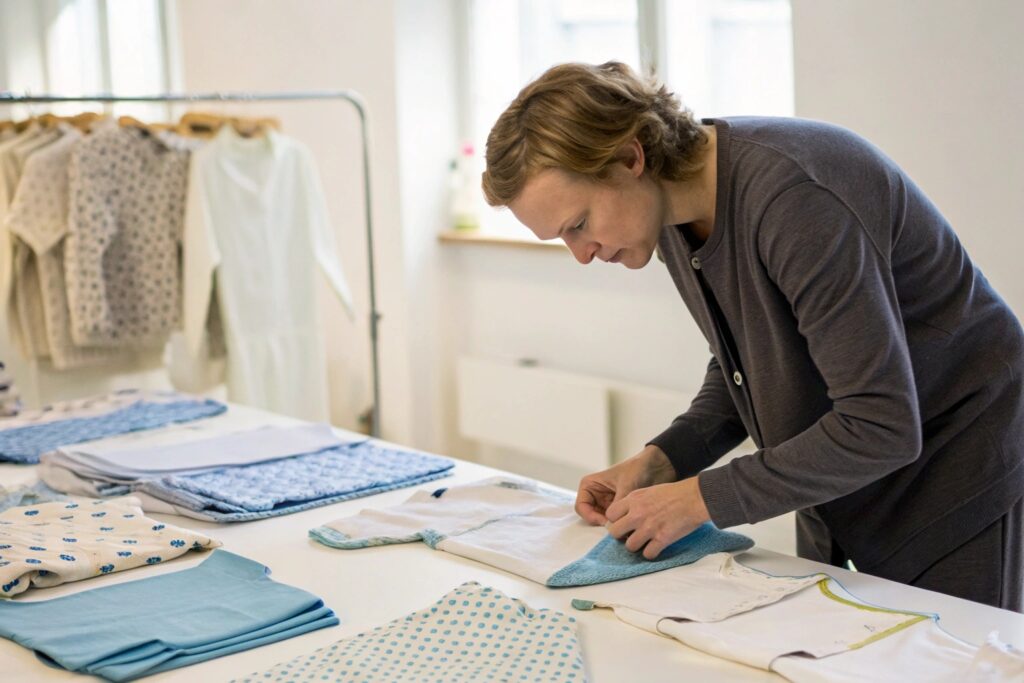 Designer reviewing pre-approved babywear designs for production
