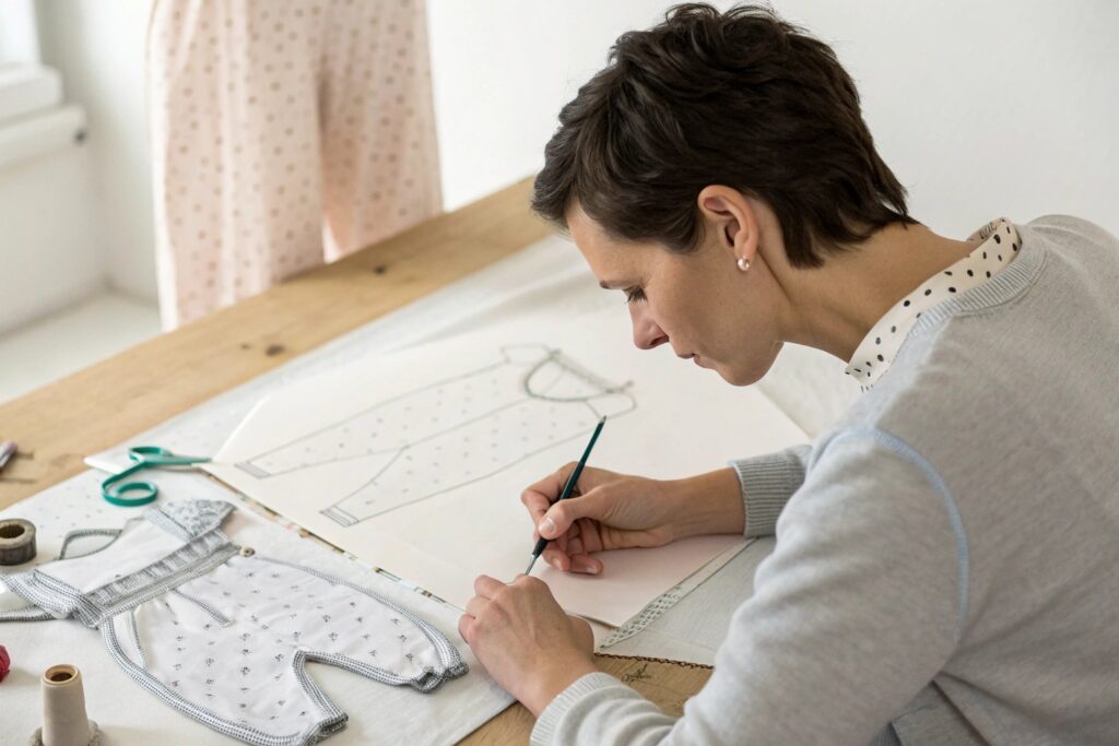 Designer sketching a gender-neutral children's outfit
