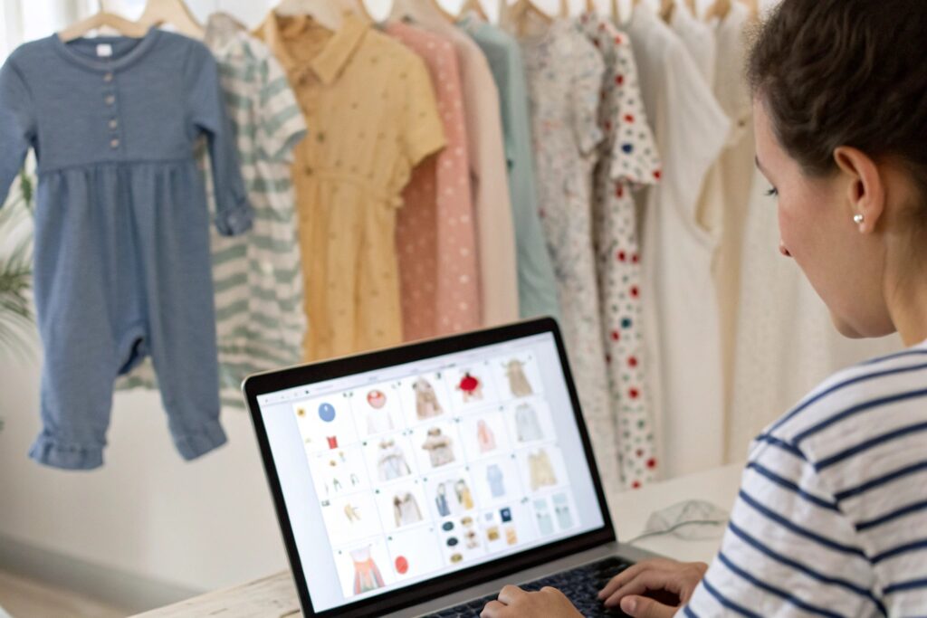 Babywear designer working on a computer
