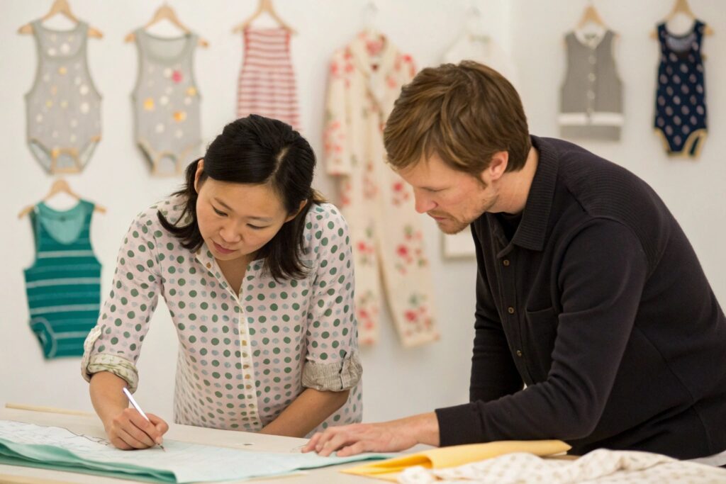 Designer working with team on babywear design and pattern review