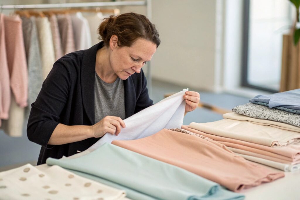 Fabric expert reviewing different fabric swatches for children's clothing