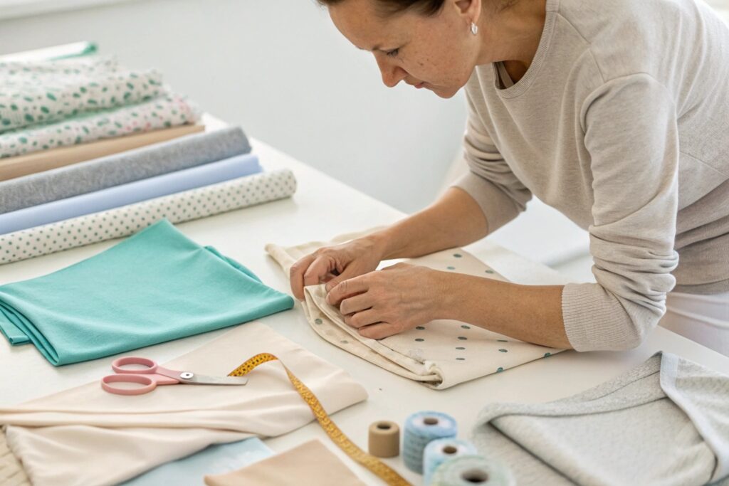 Fabric specialist reviewing fabrics for kids' clothing