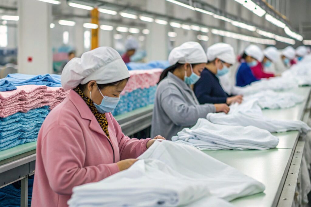 Factory production line where workers are folding children's clothing