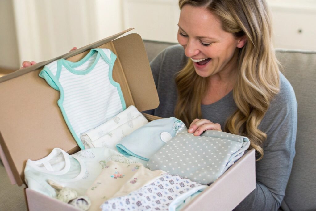 First-time mom happily opening babywear gift box