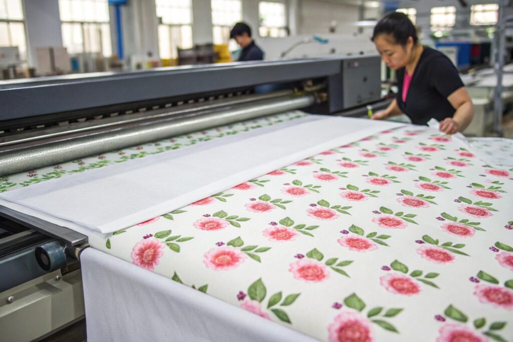 Garment printer printing floral pattern on fabric in a factory