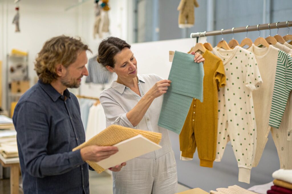 Reviewing fabric samples for kids' clothing
