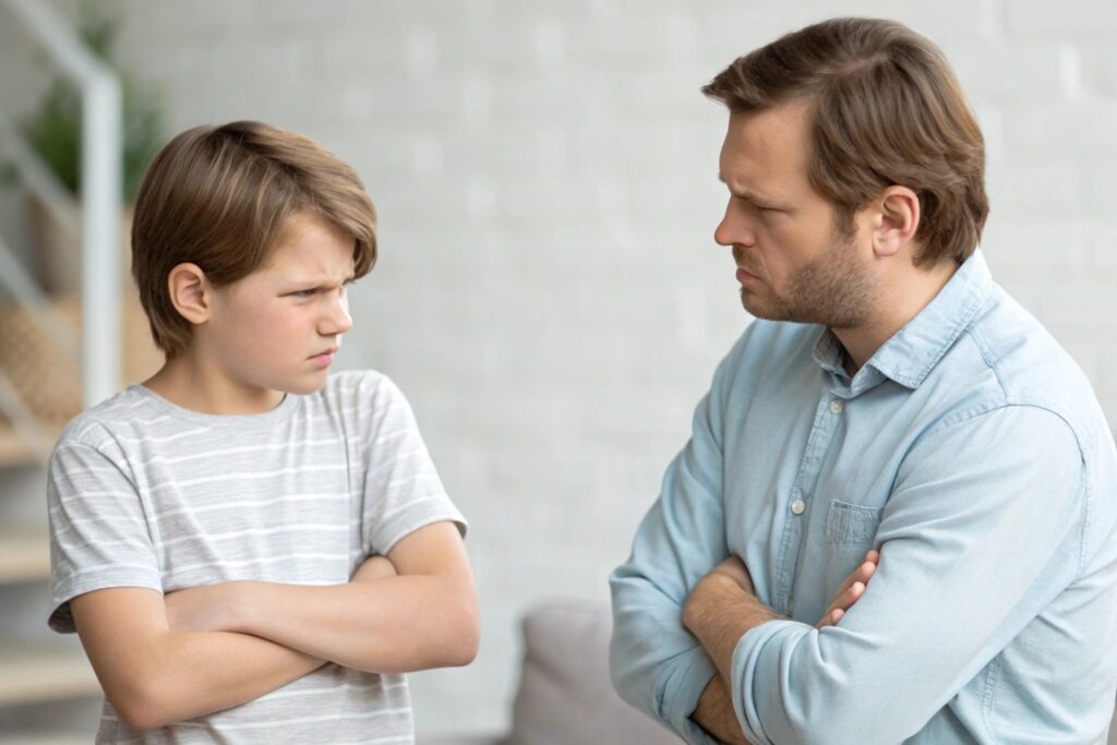 Parent and child in a tense disagreement