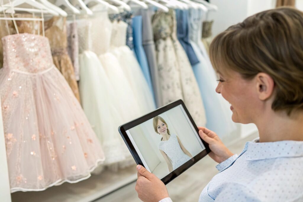 A parent browsing elegant girls' dresses on a tablet