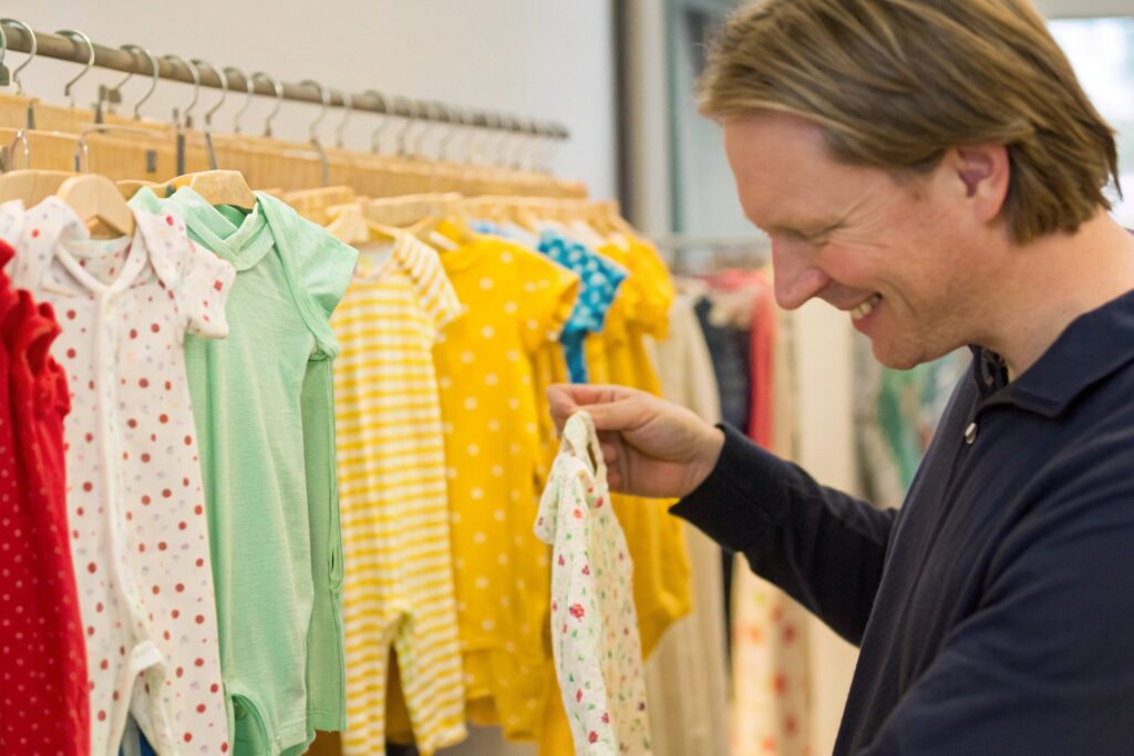 A parent browsing colorful baby clothing in a store