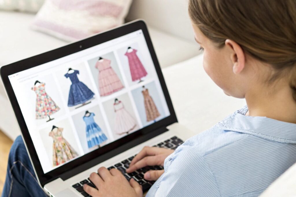 A parent browsing stylish girls' dresses on a laptop