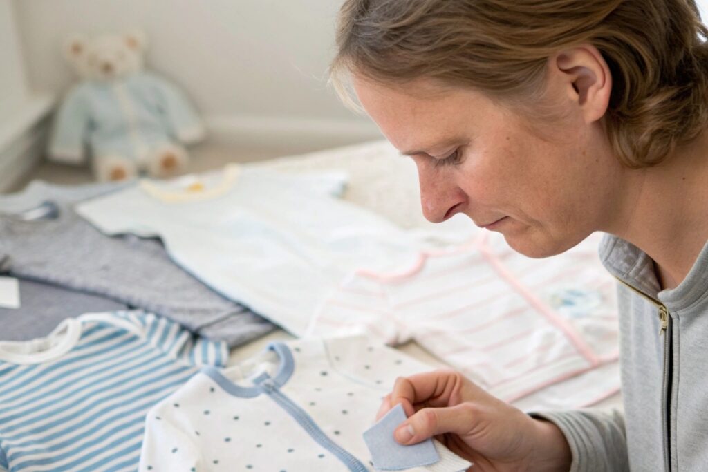 Parent carefully reading the label on baby clothes