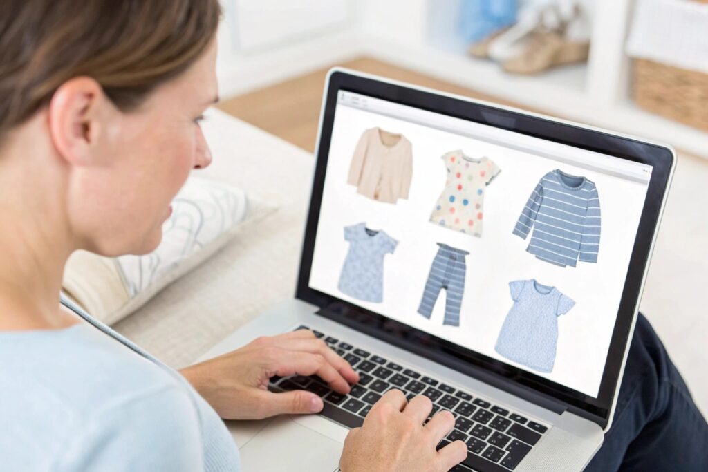Parent carefully reviewing an online baby clothing catalog