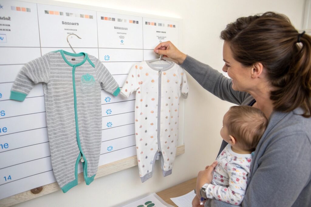 Parent comparing baby outfits