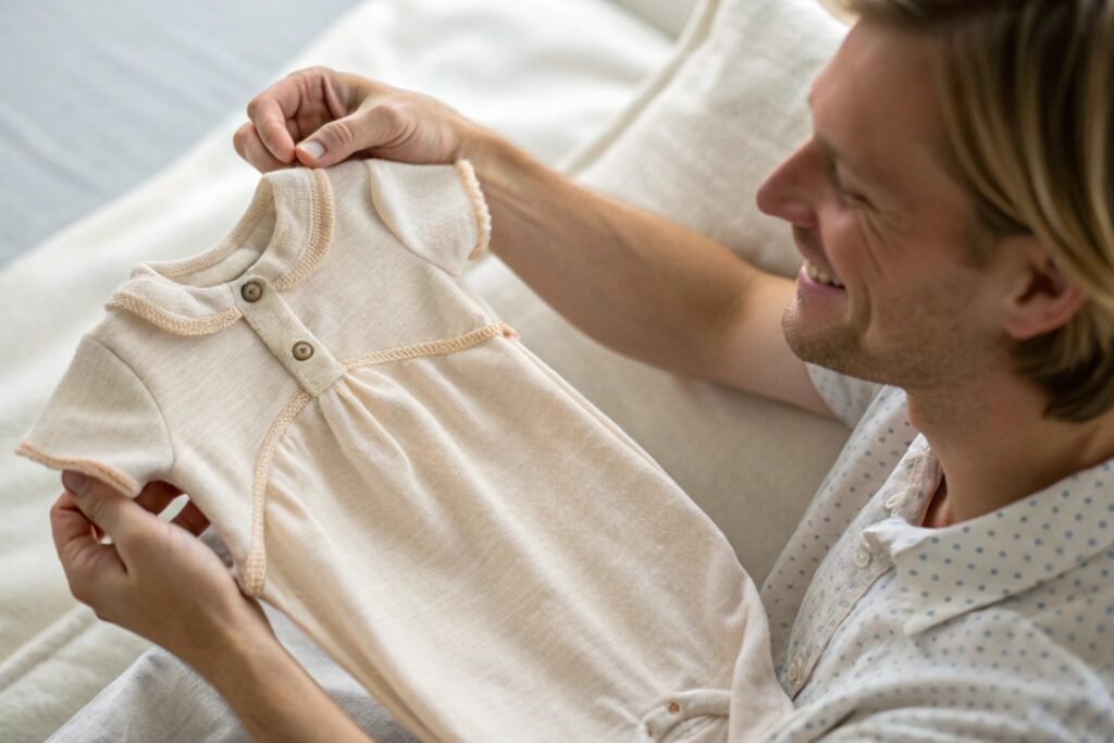 Parent feeling a soft, organic baby romper