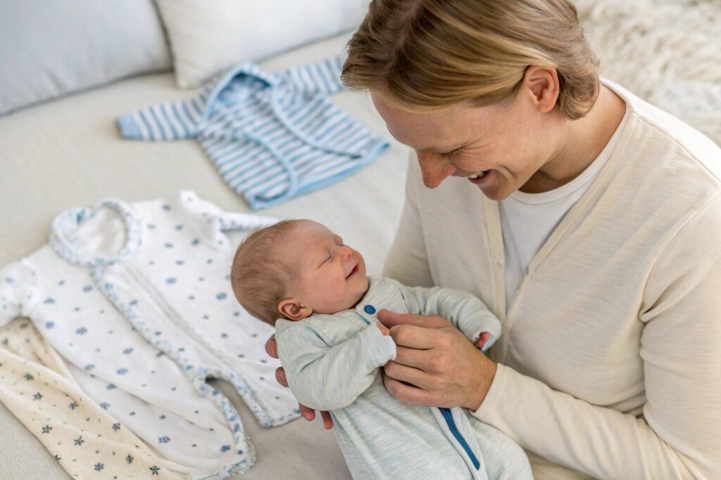 Parent adjusting baby’s clothing