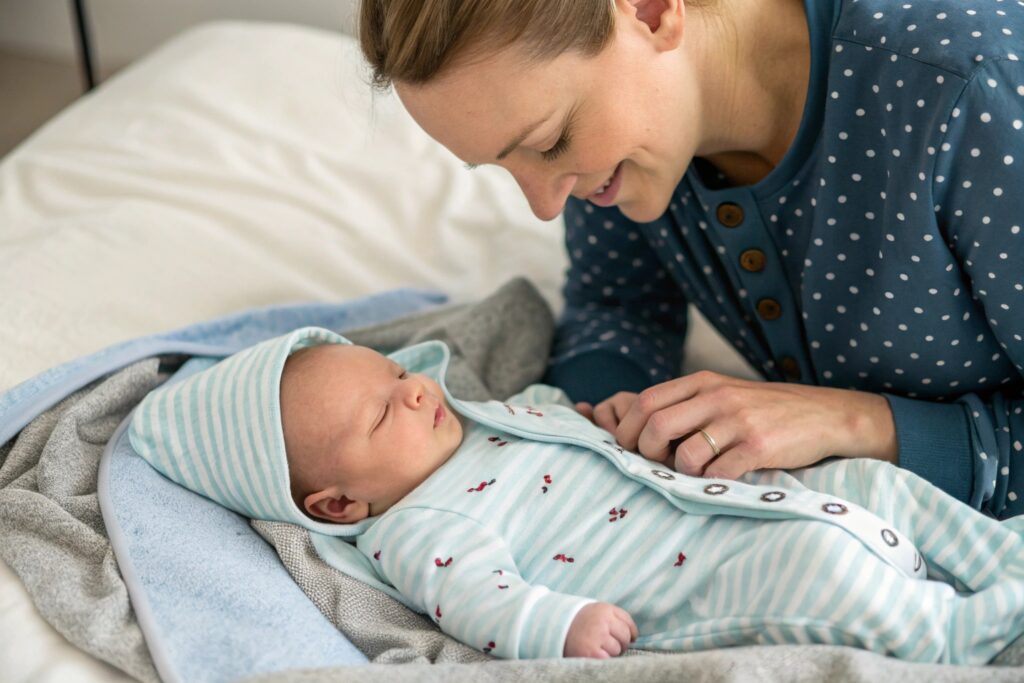 Parent gently checking newborn's outfit