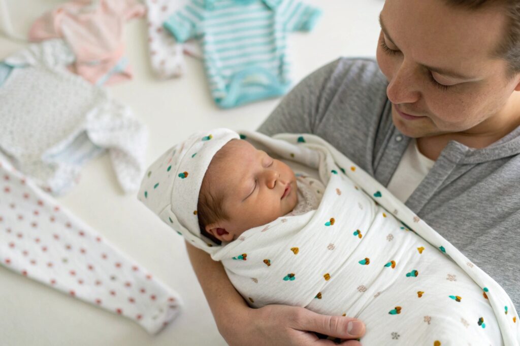 Parent gently holding a newborn wrapped in soft, cotton fabric