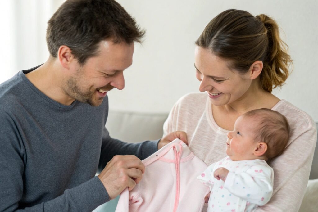 Parents happily receiving personalized baby clothing