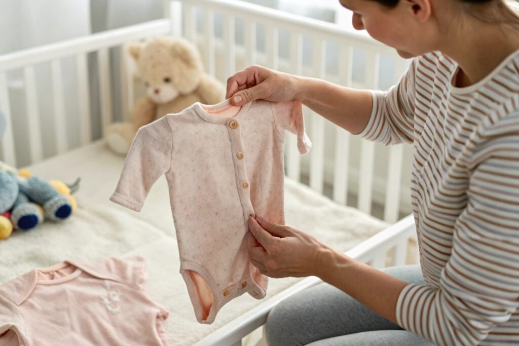Parent inspecting baby onesie