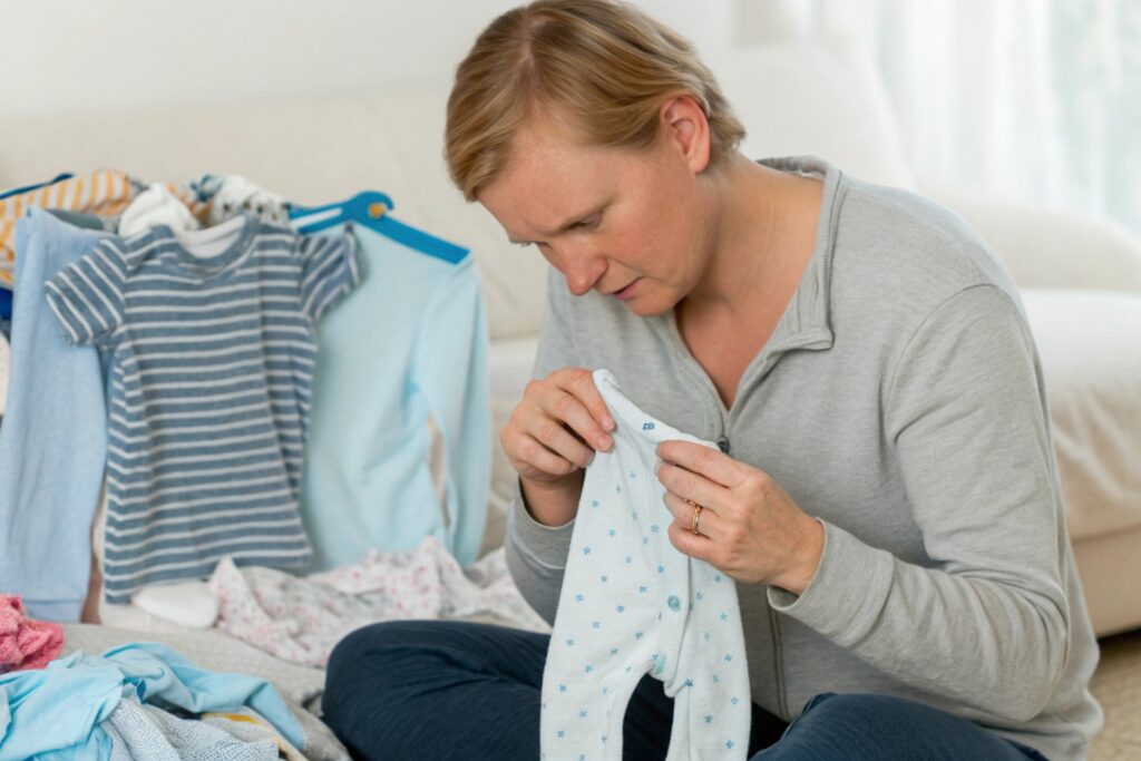 Parent inspecting a baby's clothes