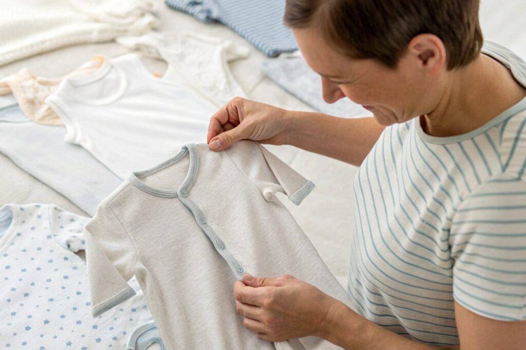 Parent inspecting soft organic babywear