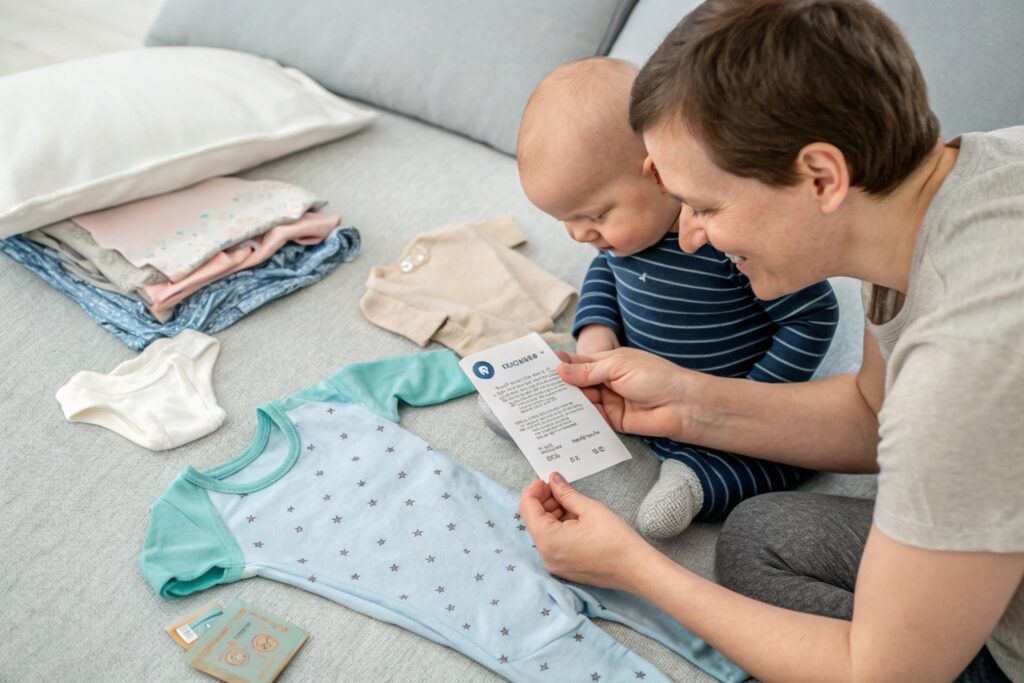 Parent inspecting fabric of baby clothing with child