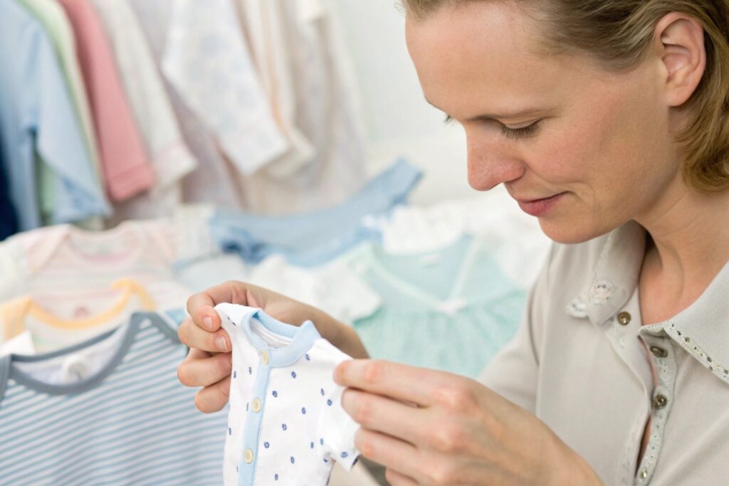 Business owner inspecting baby clothes