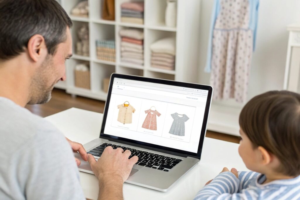 Parent shopping for baby clothes online with child