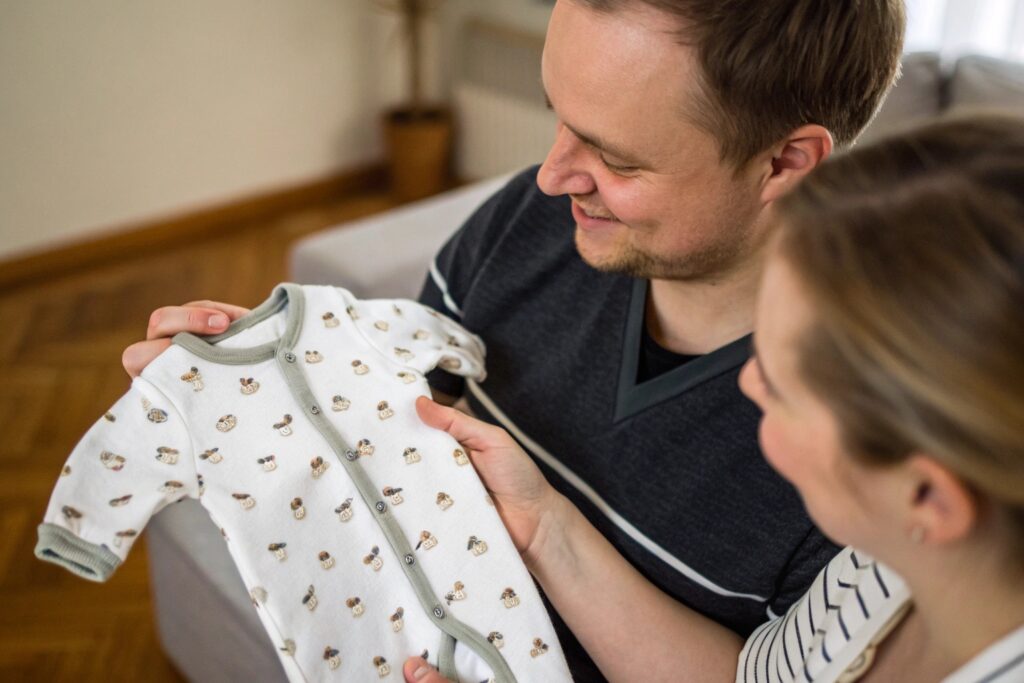Parents receiving a customized baby onesie