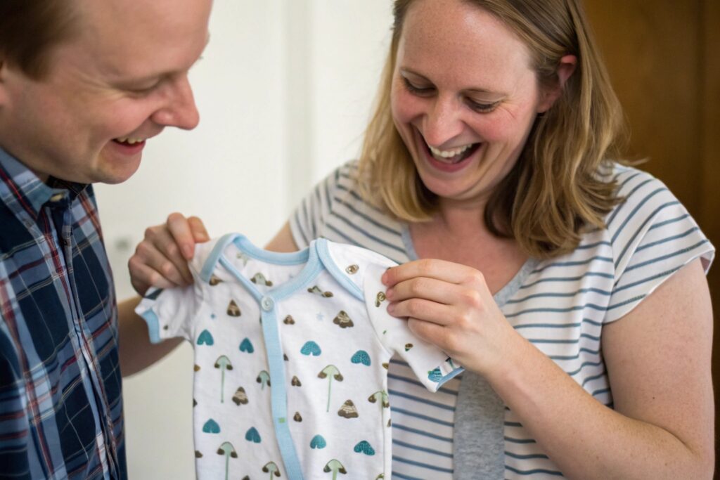 Parents receiving personalized babywear gift
