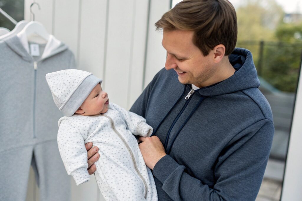 Parent holding newborn in matching gray onesie and hat
