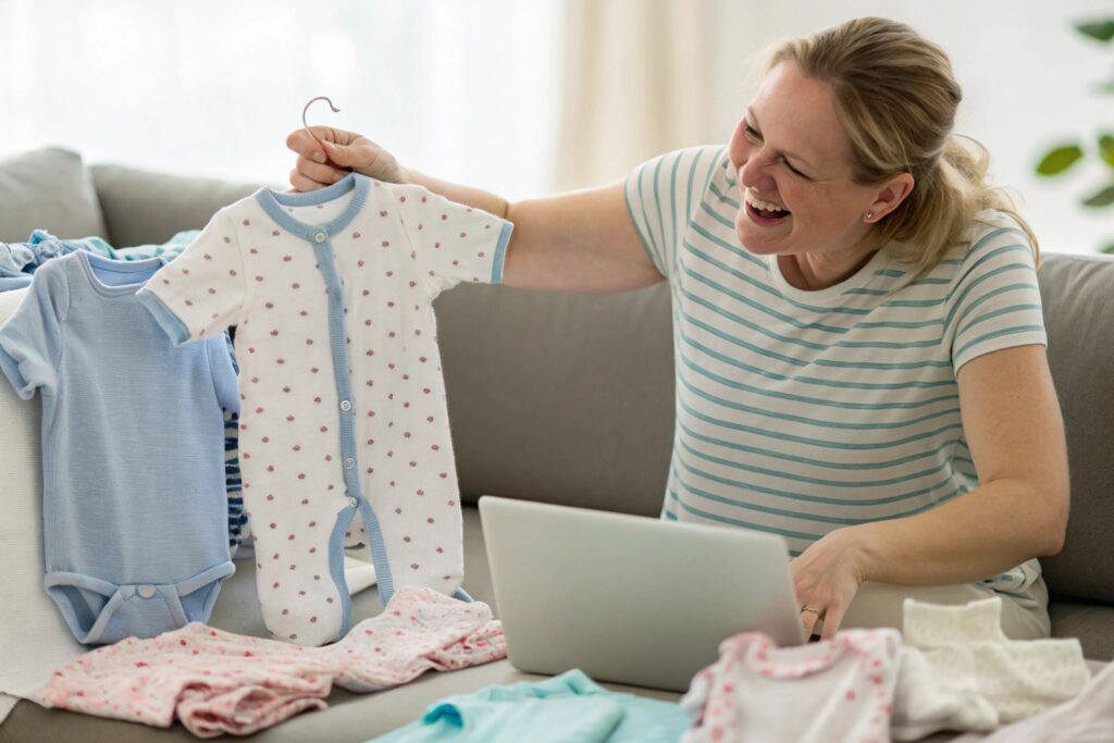 Parent selecting a custom-made baby onesie