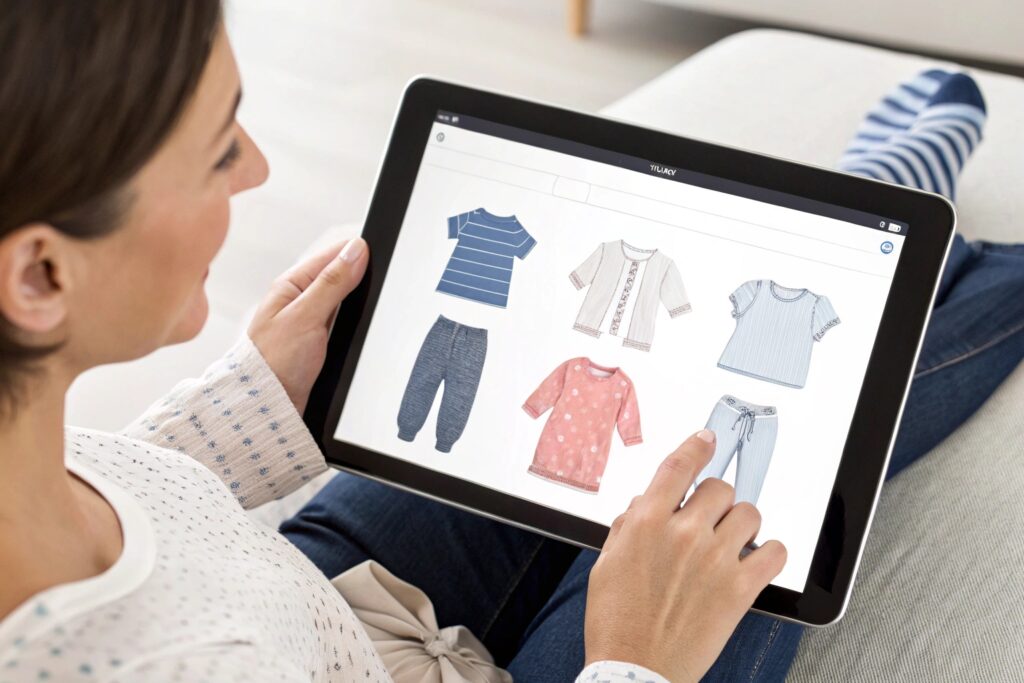 Parent shopping for baby clothes on a tablet