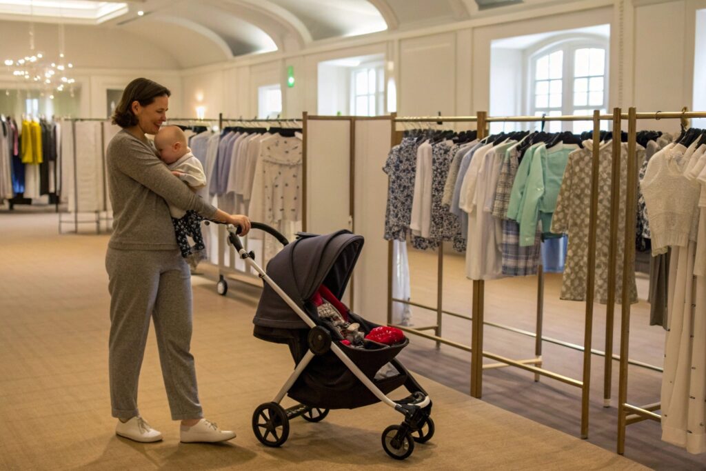 Parent with baby browsing clothing racks