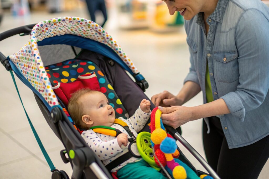 Parent playing with baby in colorful stroller