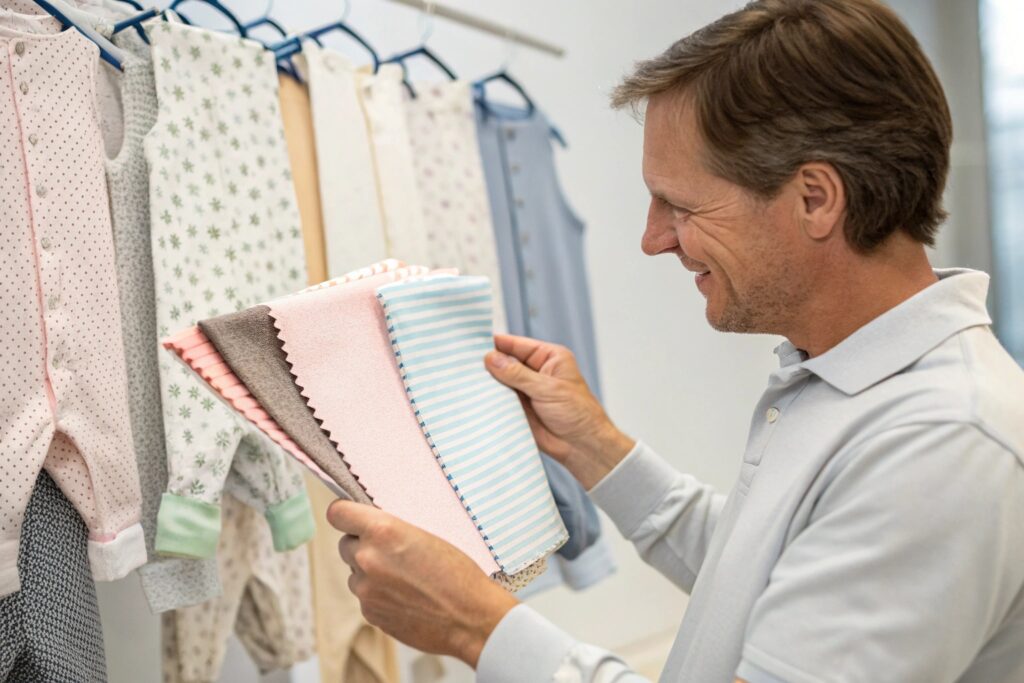 Product manager comparing clothing samples