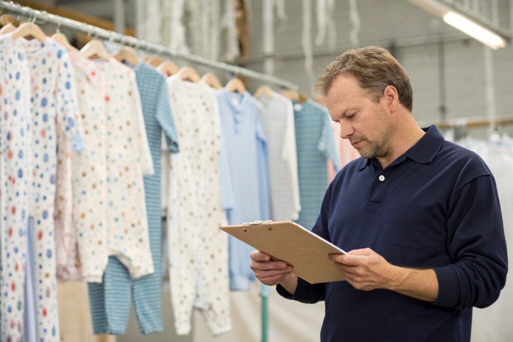 Product manager reviewing production checklist for babywear