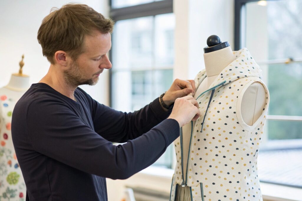 Product manager reviewing kids' wear on mannequin